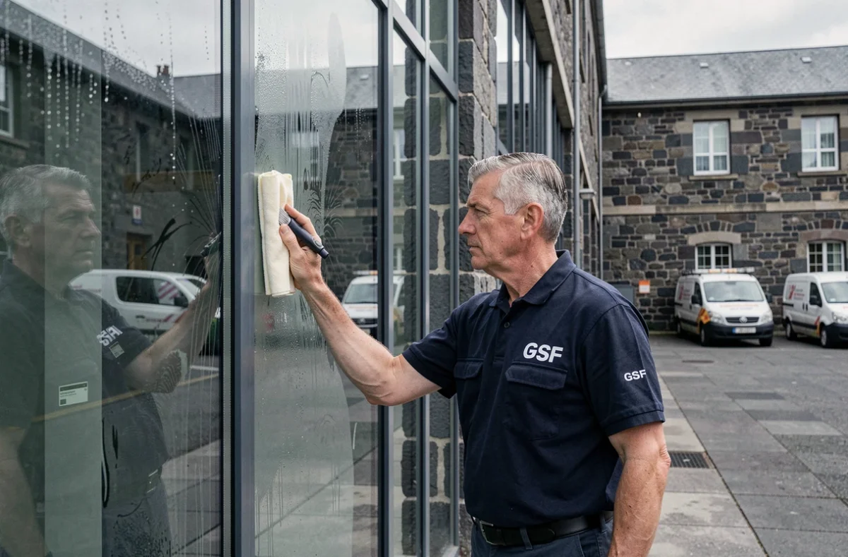 Agent GSF Phebus nettoyant la façade vitrée d'un bâtiment en pierre volcanique à Clermont-Ferrand