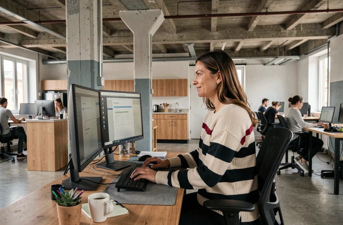 Haracom à Béthune, espace de coworking industriel avec une professionnelle travaillant à un bureau debout