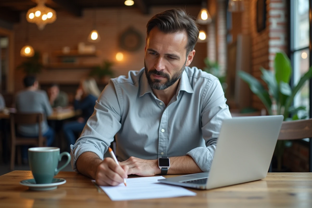 Homme adaptant un exemple de lettre de remerciements sur ordinateur portable dans un café