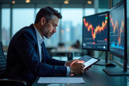 Homme d'affaires analysant des graphiques sur une tablette