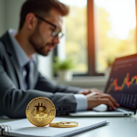 Homme d'affaires moderne étudie graphiques financiers avec bitcoin