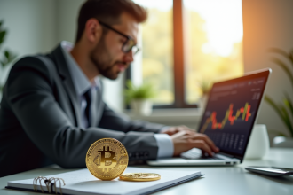 Homme d'affaires moderne étudie graphiques financiers avec bitcoin