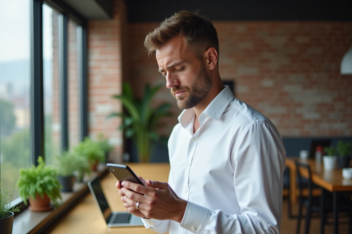 Homme d'affaires consultant son profil LinkedIn sur smartphone dans un espace de coworking, questionnant la pertinence de son titre professionnel