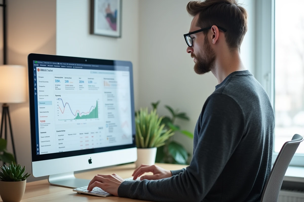 Homme analysant les données d'une société sur un portail d'informations légales depuis son bureau à domicile