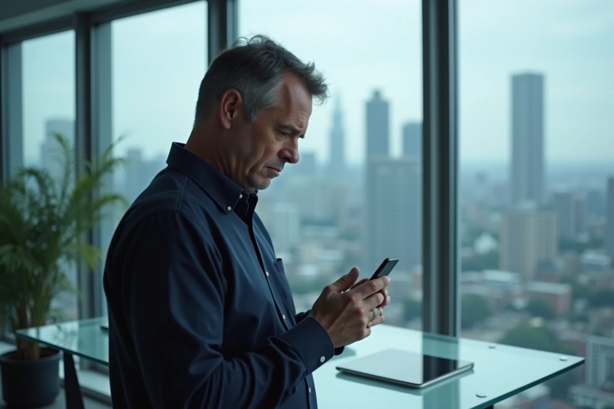 Homme d'affaires consultant son téléphone avec des appels manqués répétés d'un numéro inconnu au bureau