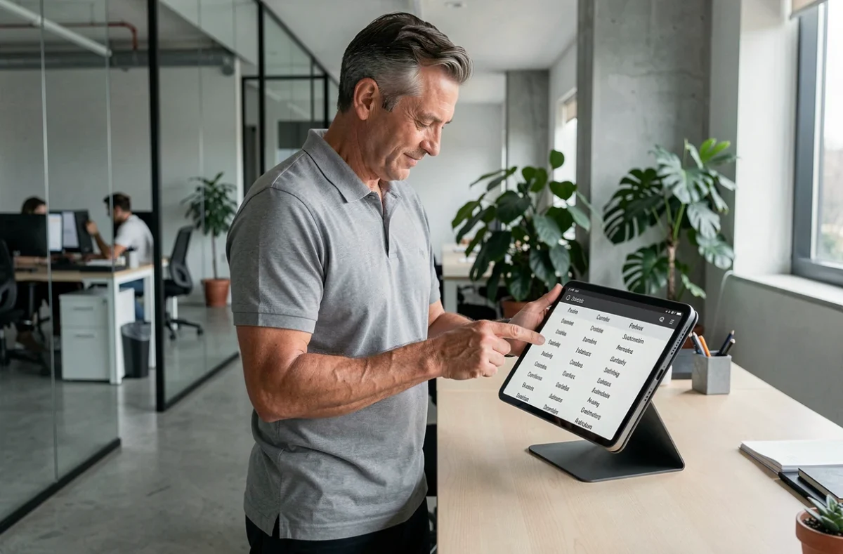 Homme professionnel consultant un annuaire de marques classées alphabétiquement sur une tablette dans un bureau moderne