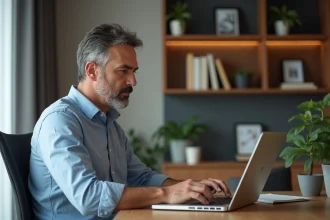 Homme d'âge moyen travaillant sur son ordinateur dans un bureau moderne