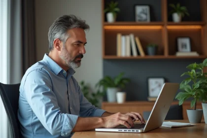 Homme d'âge moyen travaillant sur son ordinateur dans un bureau moderne