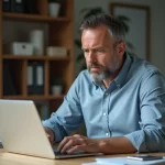 Homme d'âge moyen au bureau regardant son ordinateur