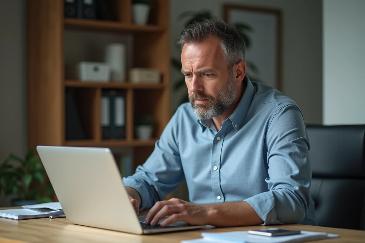 Homme d'âge moyen au bureau regardant son ordinateur