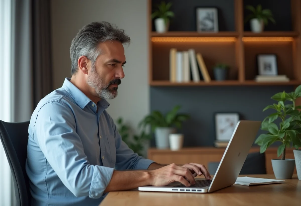 Homme d'âge moyen travaillant sur son ordinateur dans un bureau moderne
