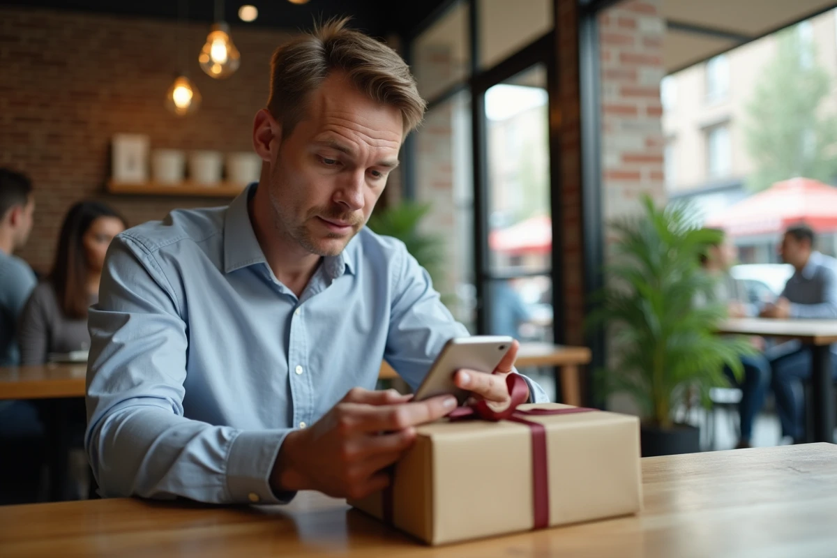 Homme au café examinant un coffret cadeau reçu
