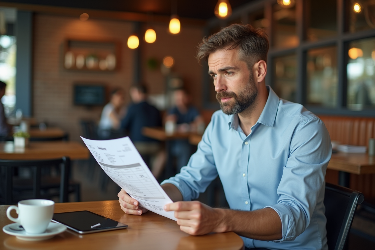 Homme d age moyen vérifiant une facture au café