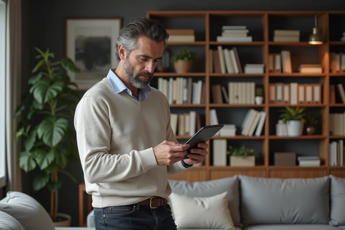 Homme d age moyen utilisant une tablette dans un espace de travail à domicile