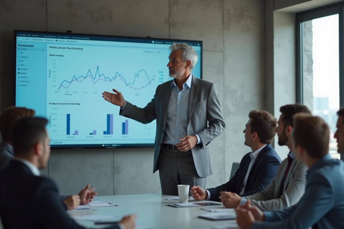 Homme en costume menant une discussion stratégique en réunion