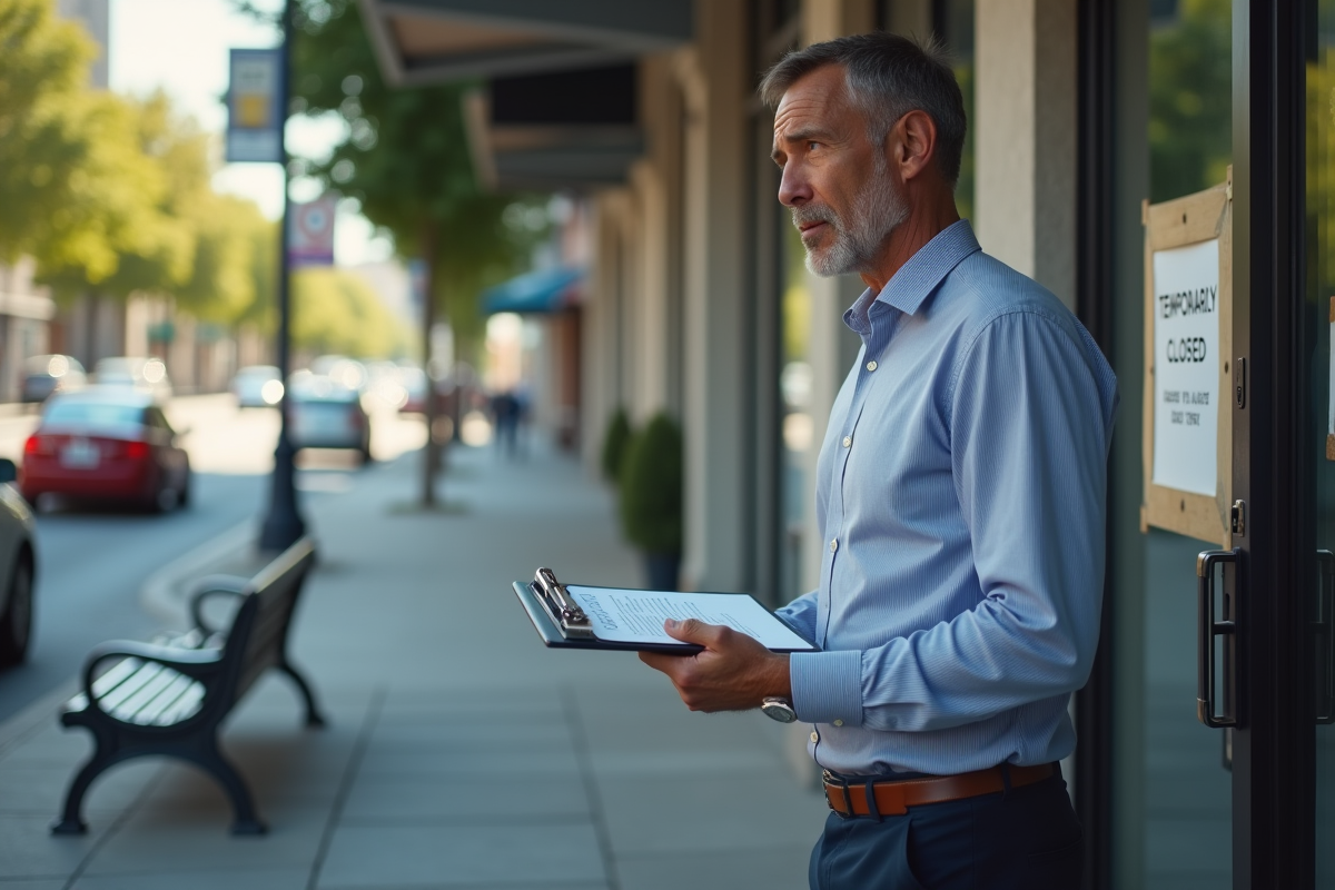 Homme devant une banque fermée avec panneau temporaire