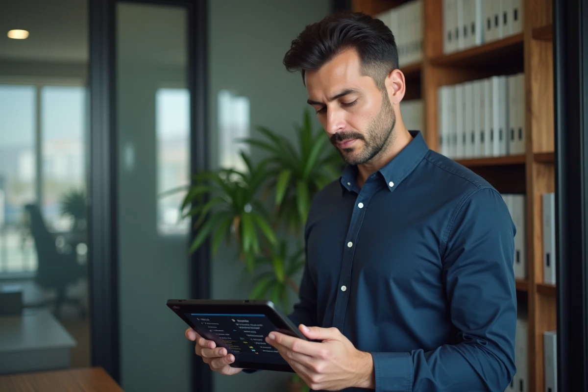 Homme d'affaires consultant une application de gestion d'abonnements sur tablette dans un bureau vitré