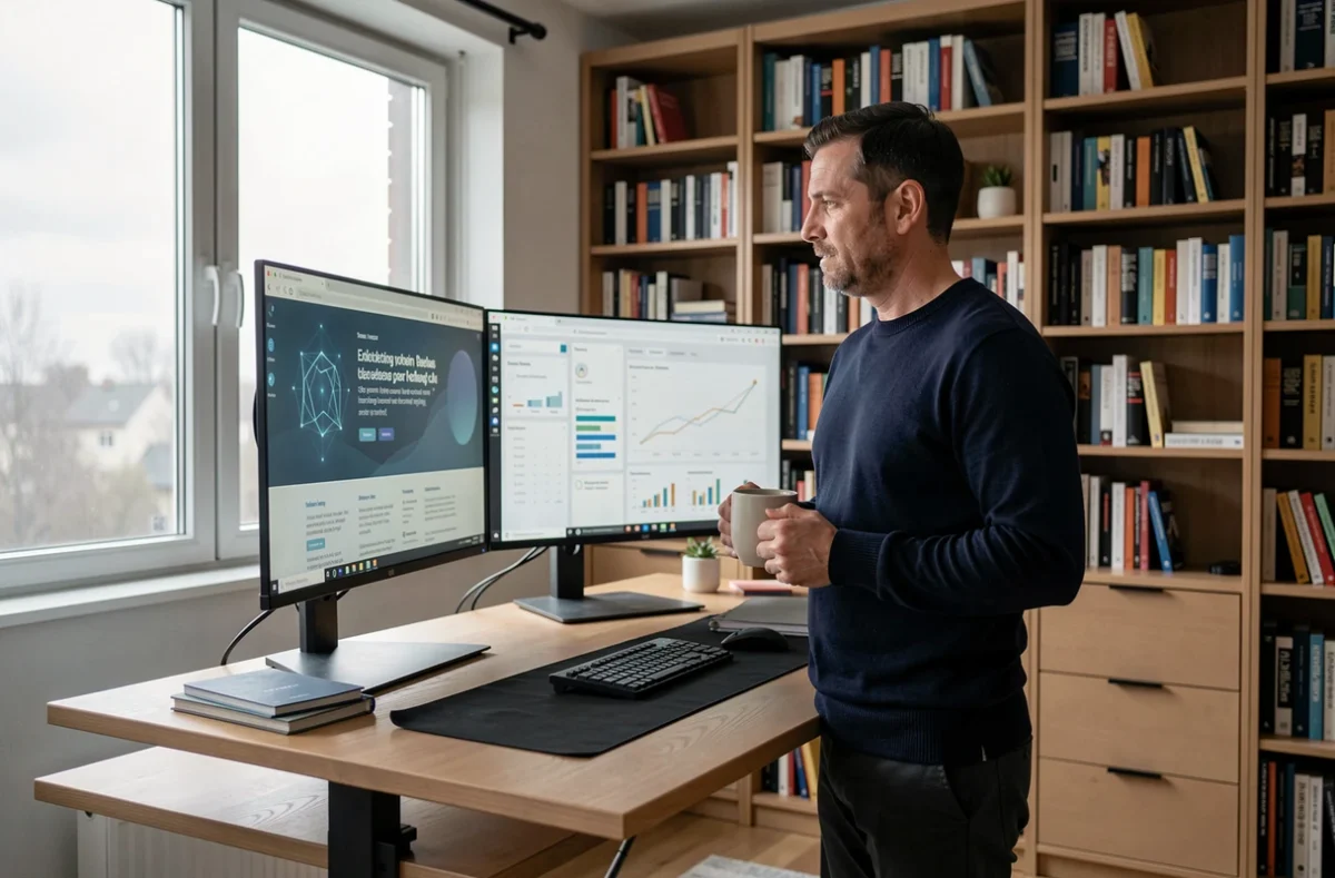 Homme travaillant avec des outils IA marketing sur deux écrans dans un bureau à domicile