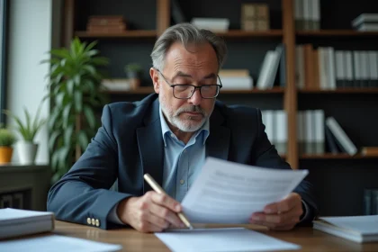 Homme d'affaires lisant un document officiel Loi 96