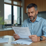 Homme d'âge moyen lisant un rapport dans une cuisine moderne