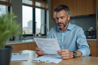 Homme d'âge moyen lisant un rapport dans une cuisine moderne