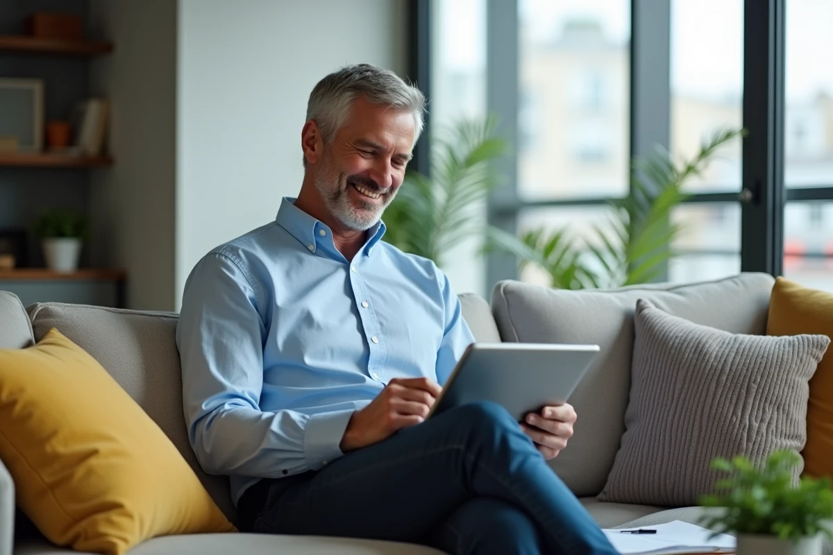 Homme en chemise bleue lisant des documents numériques dans un salon cosy