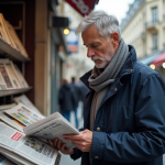Homme d'âge moyen lisant un journal à Paris