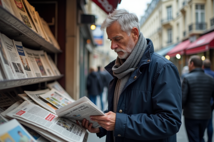 Homme d'âge moyen lisant un journal à Paris