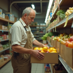 Homme allemand dans une épicerie des années 70 arrangeant des caisses de produits frais