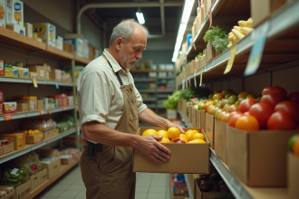 Homme allemand dans une épicerie des années 70 arrangeant des caisses de produits frais