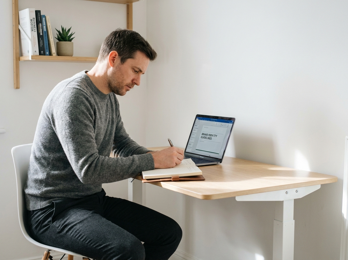 Un homme concentré prend des notes structurées sur la marque employeur dans un bureau épuré et minimaliste à domicile
