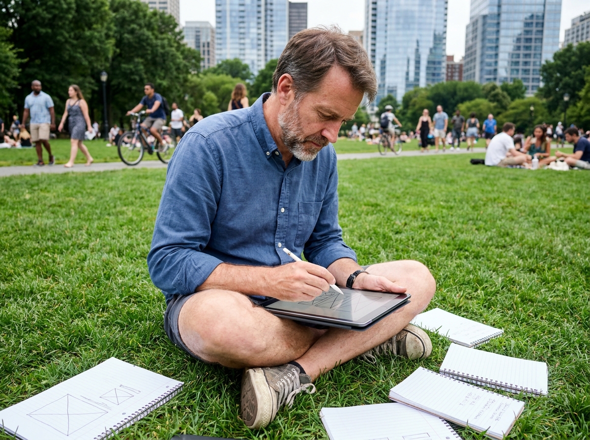 Homme dessinant des maquettes dans un parc urbain