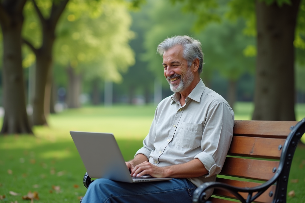 Homme d'âge moyen assis dans un parc paisible