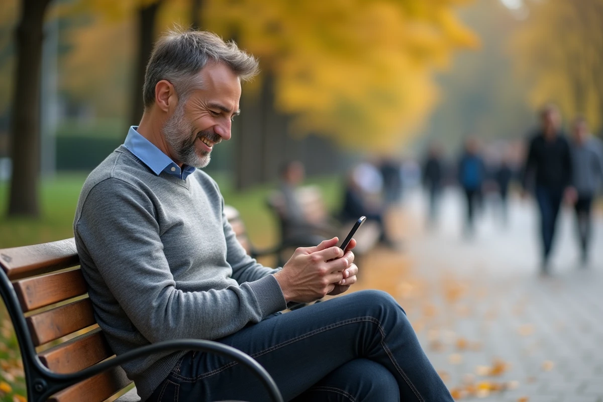 Homme détendu dans un parc utilisant son smartphone intralignes