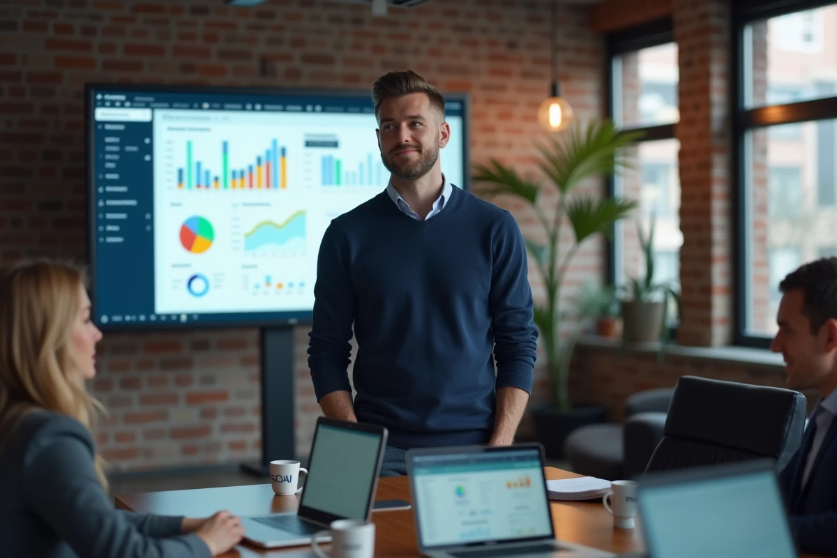 Homme en présentation avec graphique et dashboard ecommerce