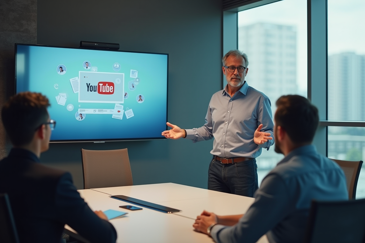 Homme expliquant une strategie publicitaire devant un écran