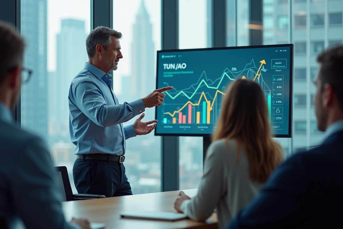 Homme en présentation avec graphique dans une salle de réunion