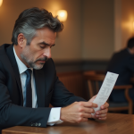 Homme d'affaires examine un reçu dans un bistro français