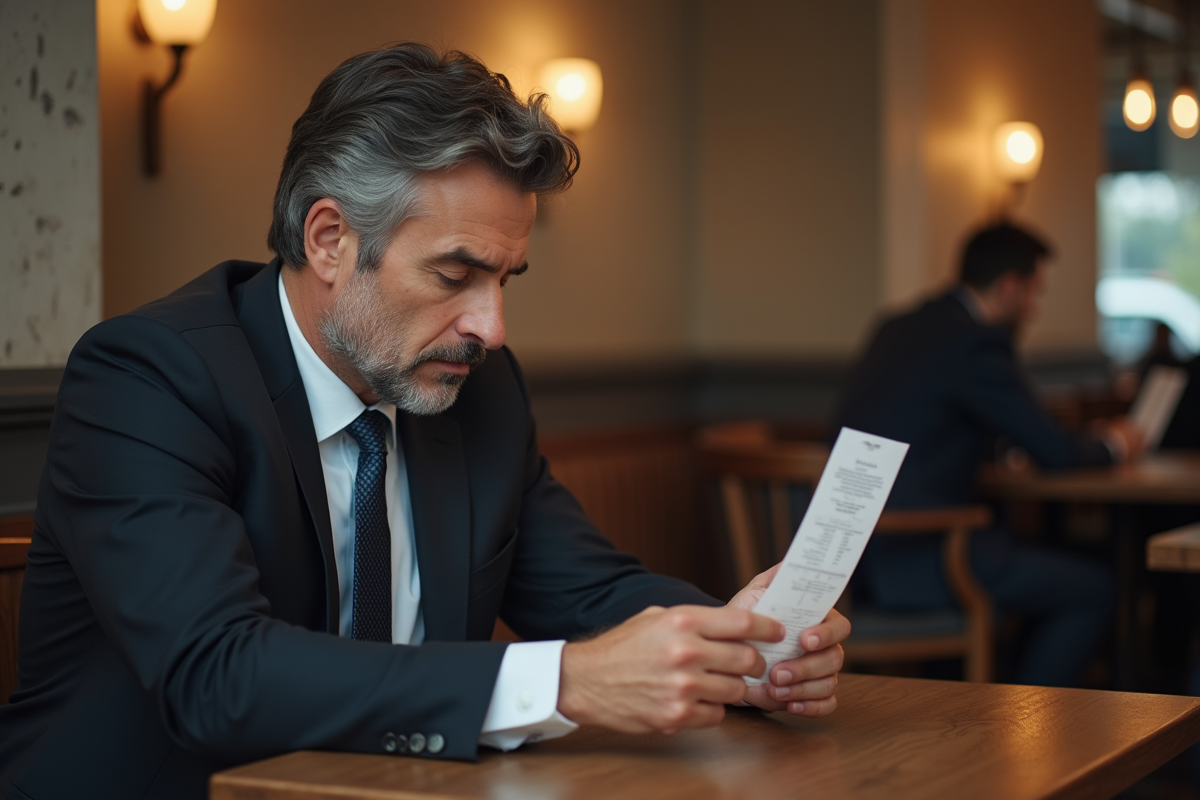 Homme d'affaires examine un reçu dans un bistro français