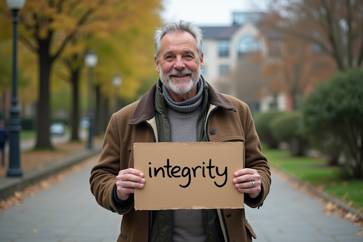 Homme souriant avec panneau sur l