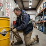 Homme en veste de travail sécurise un fût dangereux