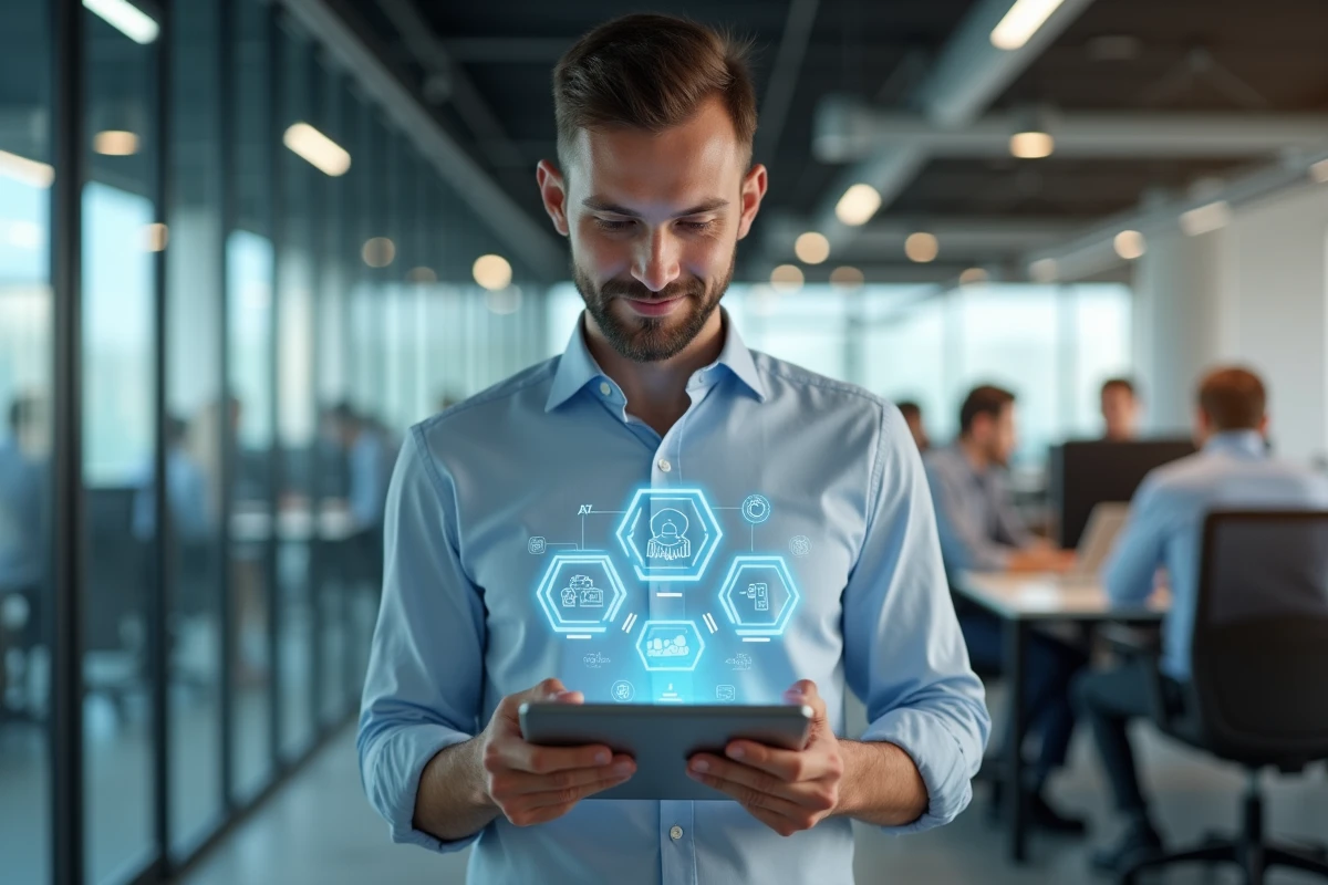 Homme en coworking manipulant une tablette avec icônes d