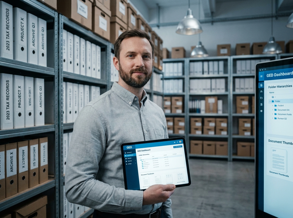 Homme tenant une tablette affichant un logiciel de GED dans une salle d'archivage, symbolisant la centralisation numérique des documents de formation en entreprise