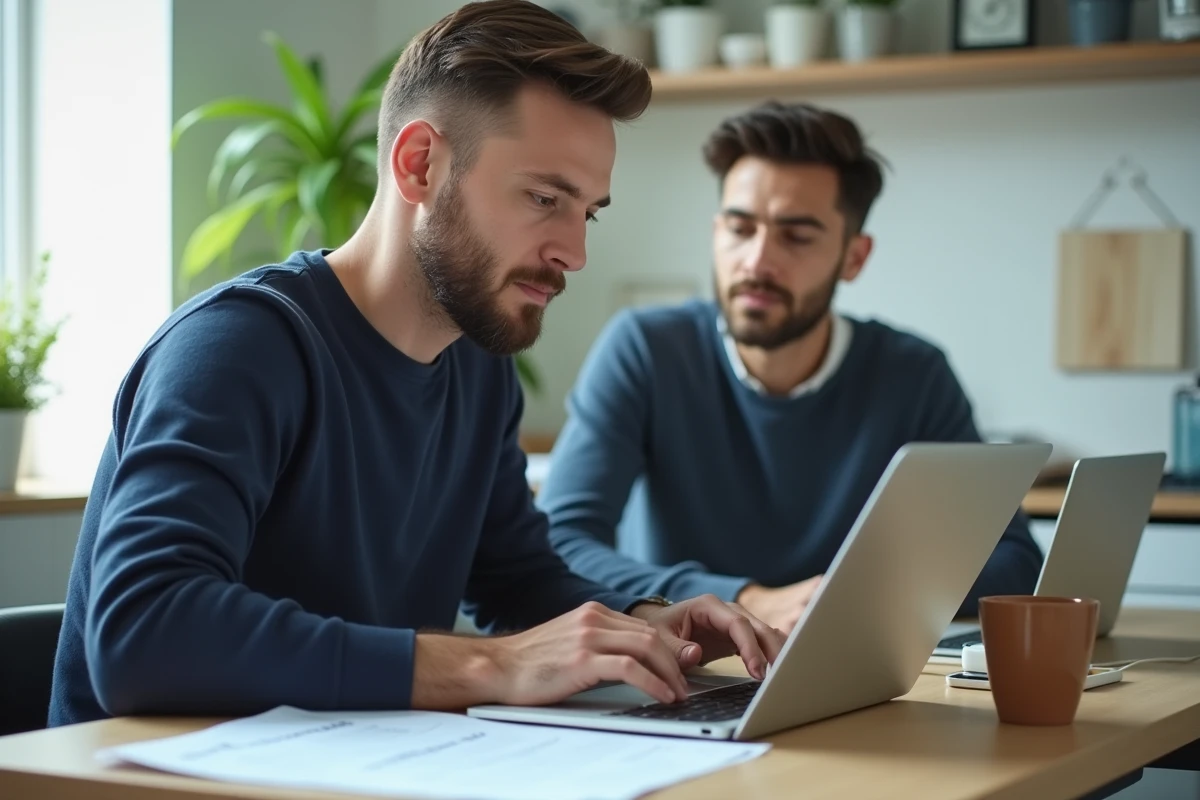 Homme en télétravail consultant un formulaire administratif avec codes URSSAF et SIRET sur son bureau à domicile