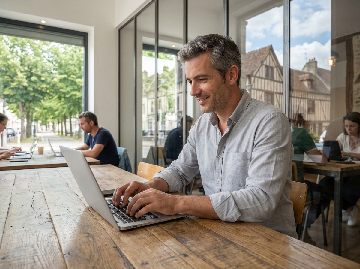 Homme souriant travaillant dans un espace coworking à Troyes