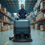 Homme en salopette bleue utilisant un nettoyeur industriel