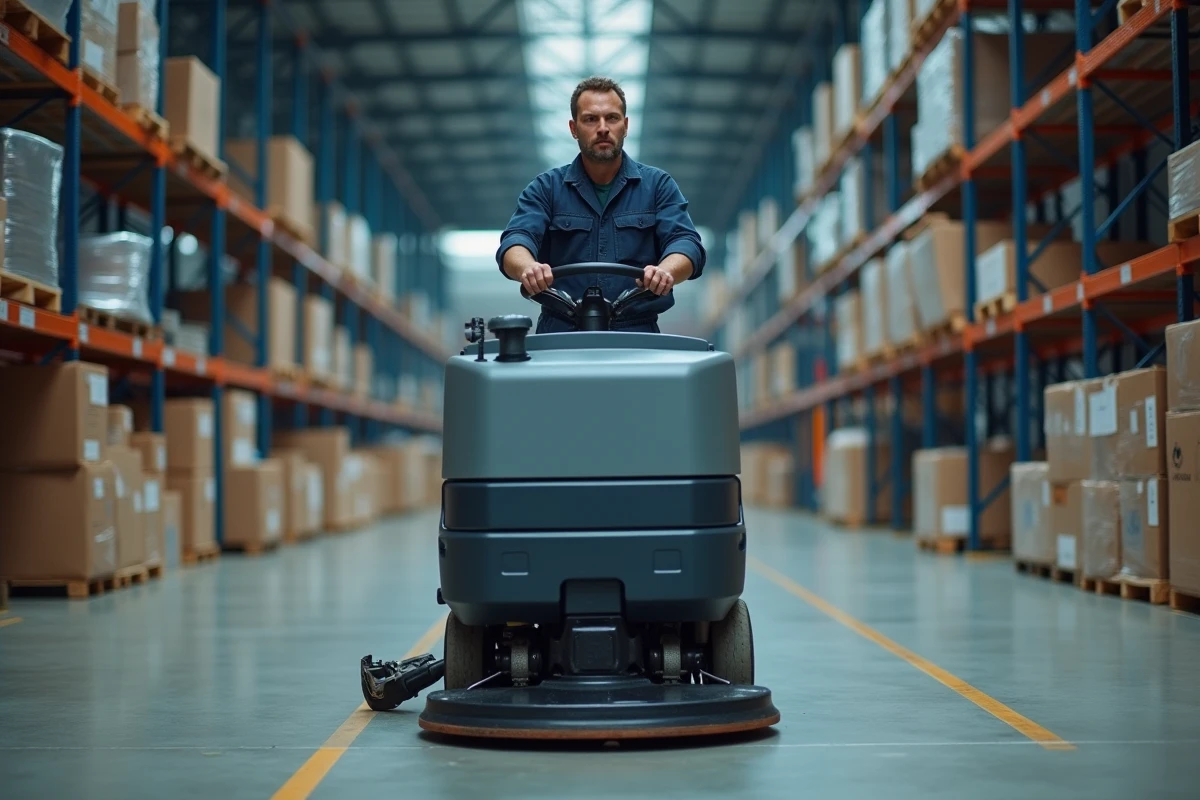 Homme en salopette bleue utilisant un nettoyeur industriel