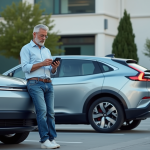 Homme dans la quarantaine vérifiant son smartphone près d'une voiture électrique en ville