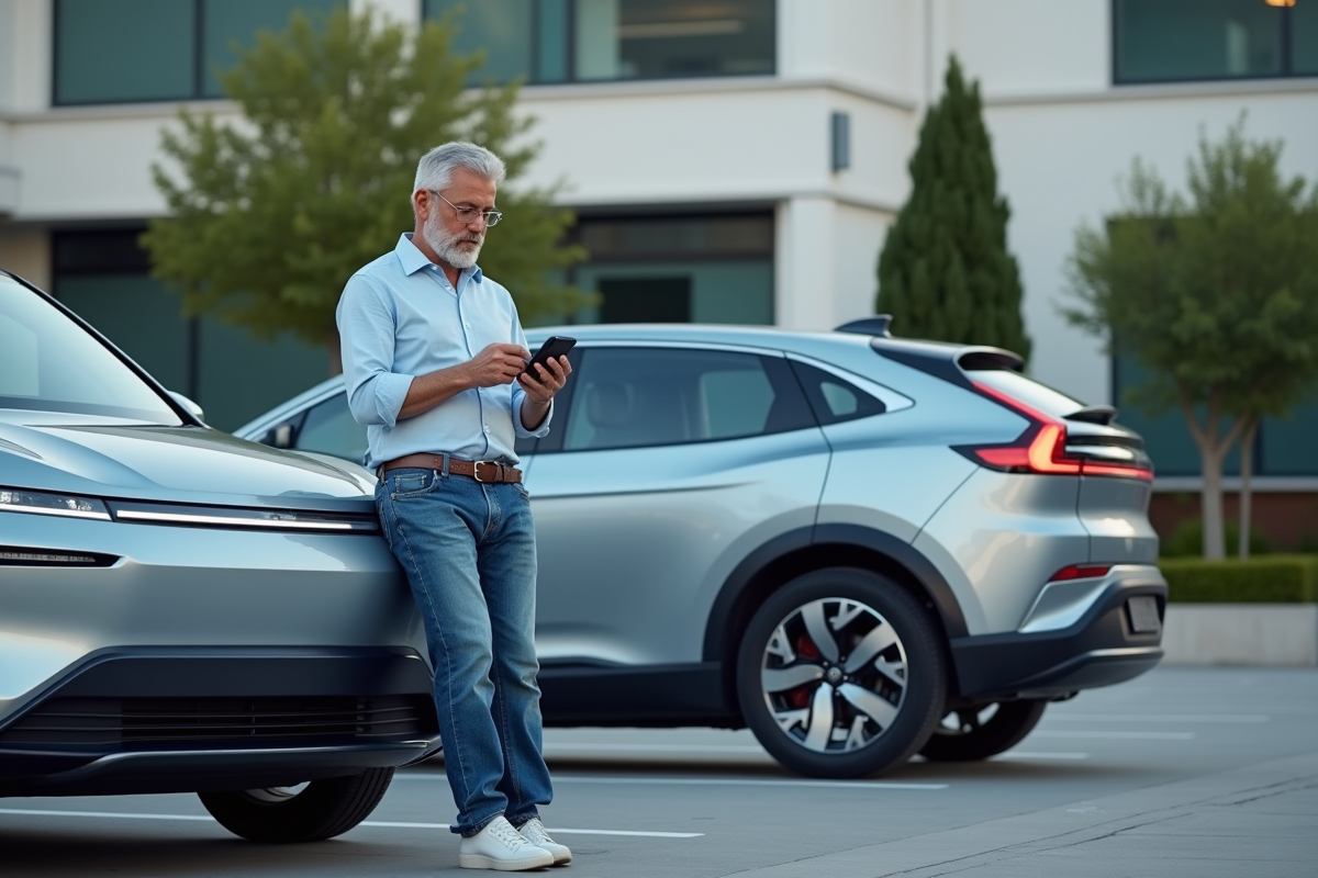 Homme dans la quarantaine vérifiant son smartphone près d'une voiture électrique en ville