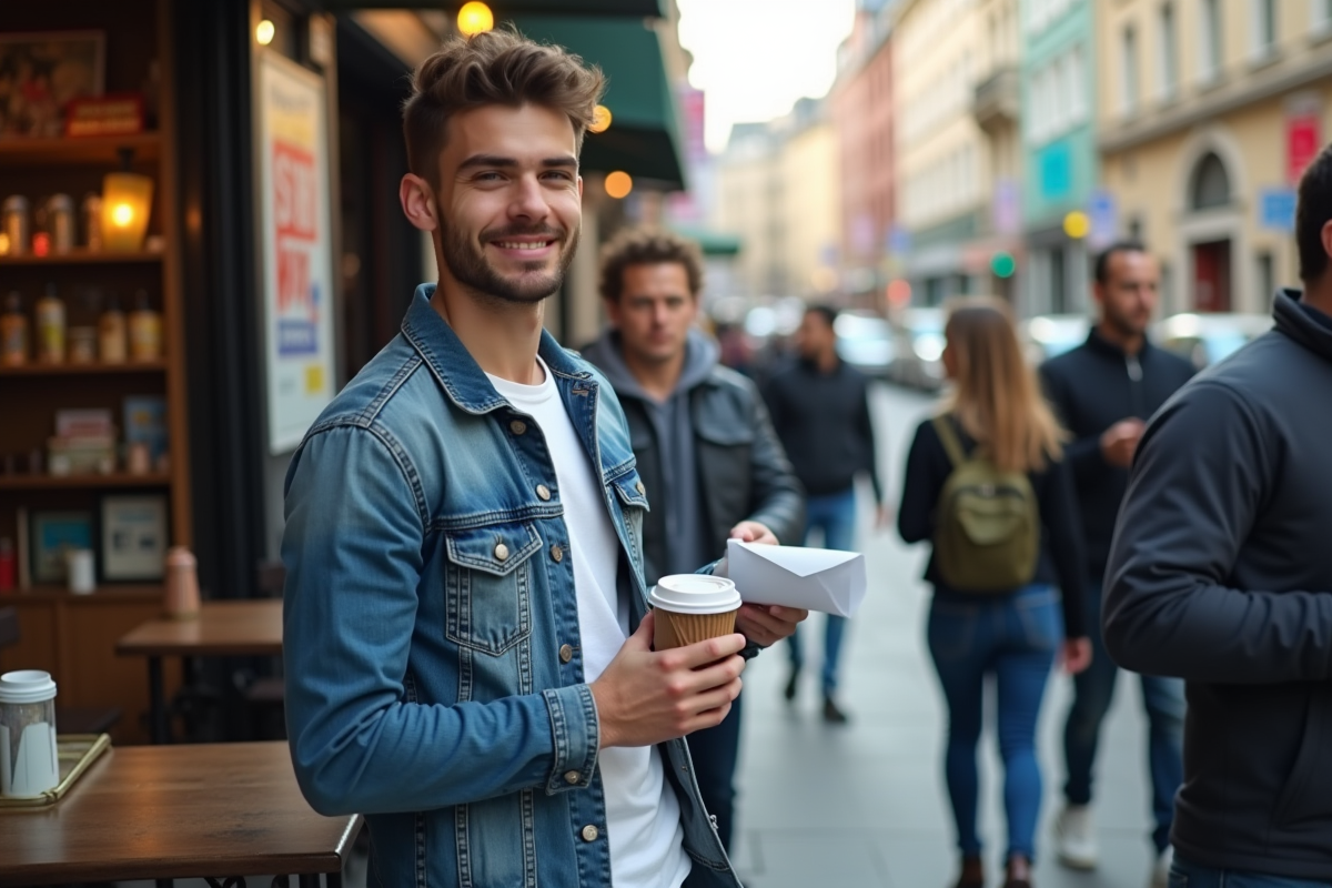 Jeune acteur avec café en extérieur